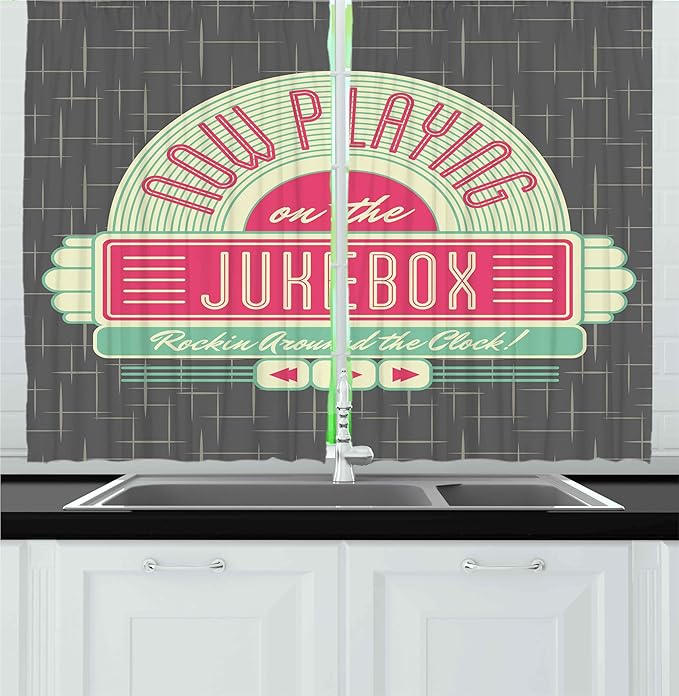 Ambesonne Jukebox Kitchen Curtains, Charcoal Grey Backdrop with 50s Inspired Radio Music Box Image, Window Drapes 2 Panel Set for Kitchen Cafe Decor, 55" x 24", Mint Green Hot Pink and White