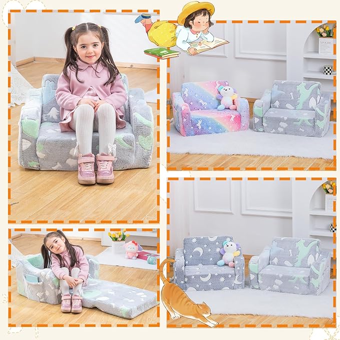 Baby Toddler Sofa Couch for Kids Foldable 2-in-1 Toddler Fold Out Couch Bed for Playroom Pull Out Children Convertible Sofa to Lounger Sleeper Chair for Boys & Girls with Side Pockets, Dinosaur
