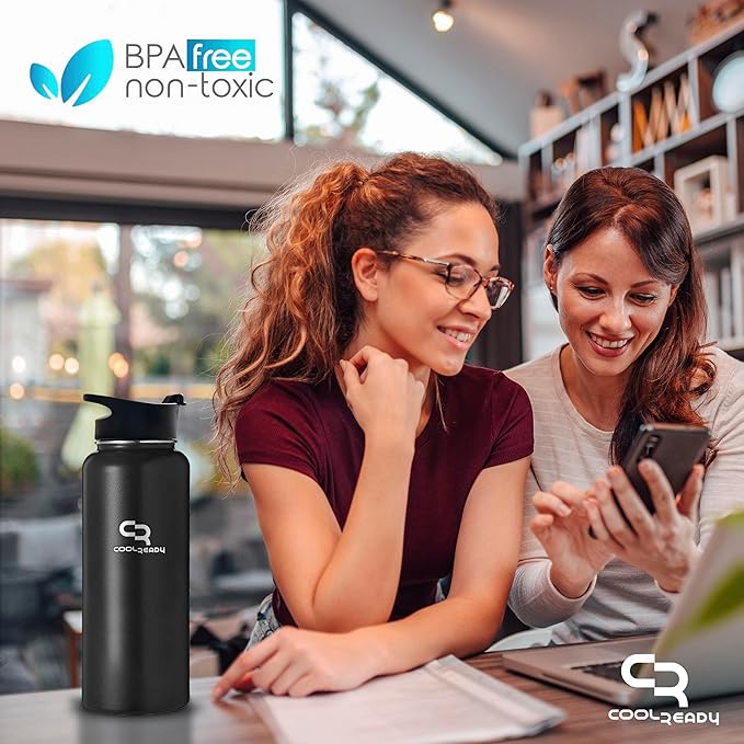 40oz Stainless Metal Black Water Bottle with Straw - Handle Lid, Thermos Coffee Travel Lid and Chug Lid - Double Walled Steel Sports Bottle - Work Out Bottle – Leak Proof -