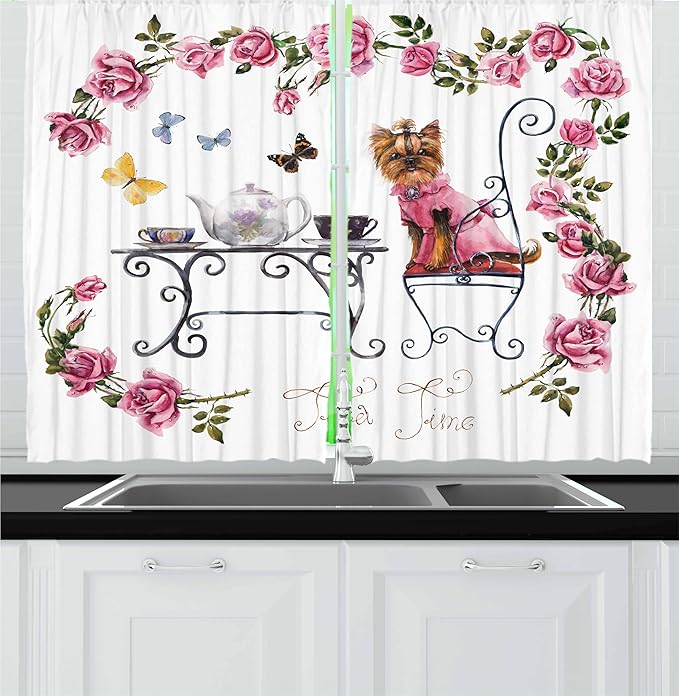 Ambesonne Yorkie Kitchen Curtains, Yorkshire Terrier in Pink Dress Having a Tea Party Tea Time Butterflies Roses, Window Drapes 2 Panel Set for Kitchen Cafe Decor, 55" x 30", Pink White