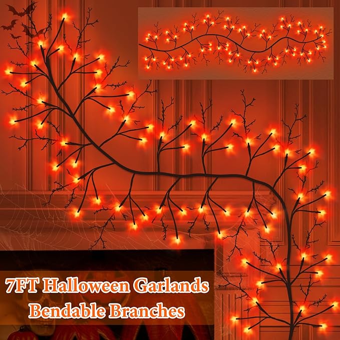 7 Ft Halloween Decorations Willow Vine Twig Garland with 8 Modes Timer 63 LED Orange Lights, Halloween Garland with Waterproof Battery Operated for Wall Fireplace Decorations Indoor Outdoor