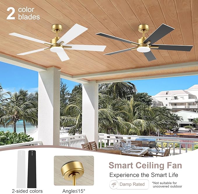 52” Smart Ceiling Fan with LED Lights Remote,Quite DC Motor,Voice Control via Alexa Google WIFI Phone,Outdoor Indoor Modern Ceiling Fans,Dimmable,for Bedroom Patio Porch,Gold and White Black