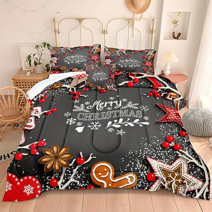 Bedbay Christmas Bedding Set King Size Red Christmas Comforter Set Cute Gingerbread Man and Snowflake Pattern Boys Girls Xmas Festival Bedding 4 Pcs Comforter Set(Christmas,King)
