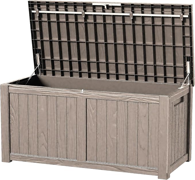 120 Outdoor Storage Box, Waterproof Resin Deck Box for Indoor & Outdoor Use, Lockable Storage Bench with Piston Hinge, Storage Bin for Patio Cushions, Garden Tools, Package Delivery, Grey