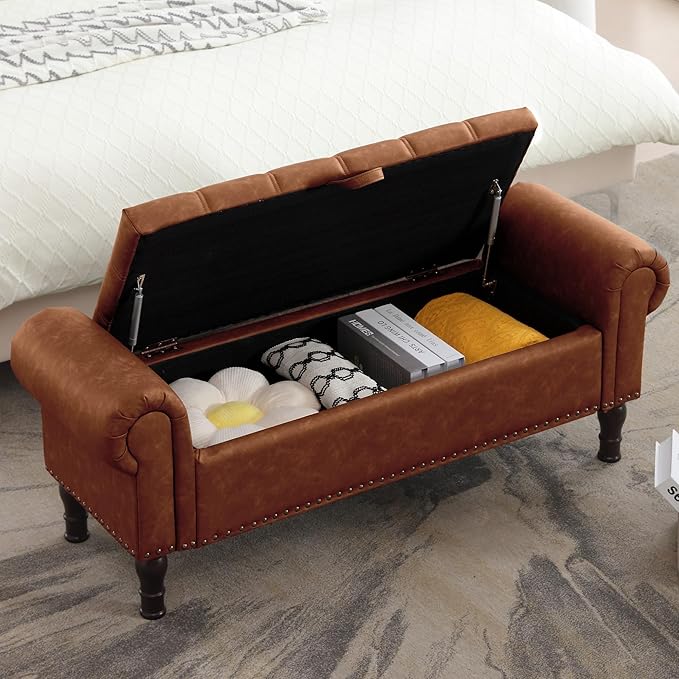 51" Storage Ottoman Bench for Bedroom, Full Queen Storage Bench with Button, Upholstered Bedroom Bench with Rolled Arms for Living Room, Storage Room, Entryway, Brown