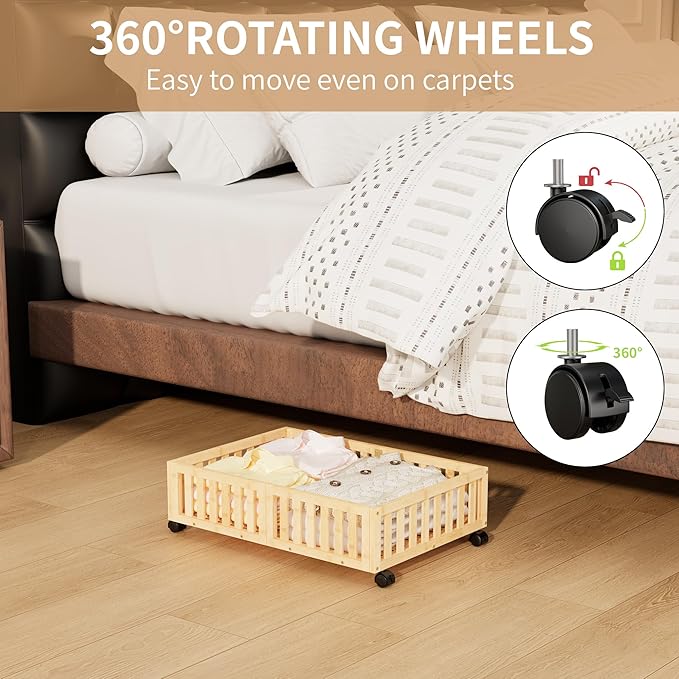 Bamboo Under Bed Storage with Wheels (2-Pack) – Rolling Underbed Shoe Organizer Box for Shoes, Blankets, Toys, Clothes Container Space-Saving Organizer Bins for Bedroom, Closet, Dorm, Nursery