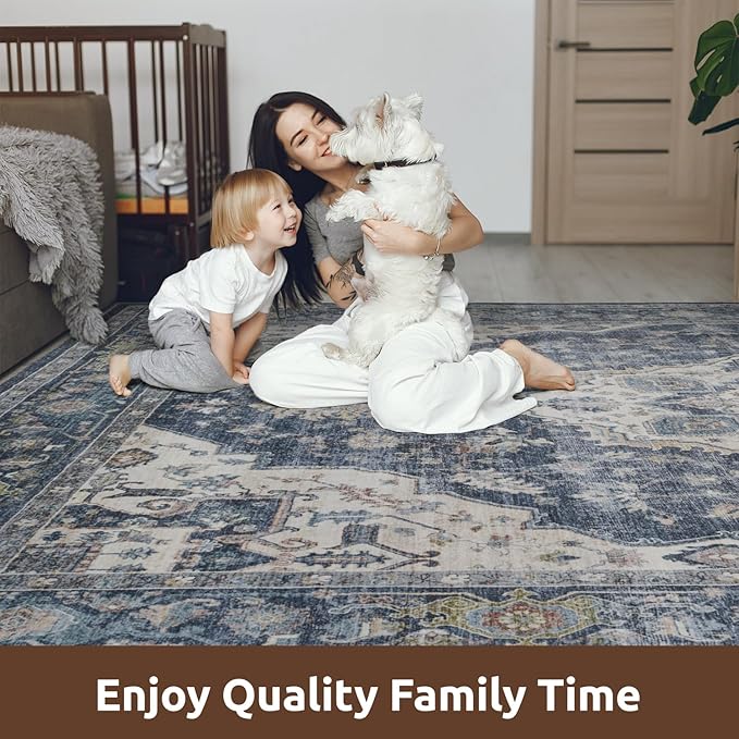 AMOAMI-Area Rug 9X12 Rugs for Living Room-Vintage Soft Blue Rugs for Bedroom-Non Slip Carpet-Washable Rug for Dining Room Living Room Bedroom Office Under Table