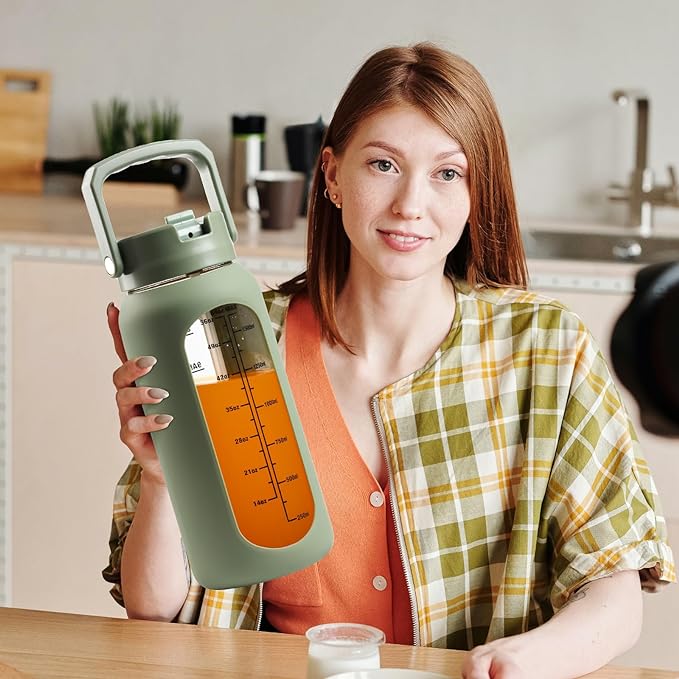 64 oz Glass Water Bottle with Straw and 2 Lids, Half Gallon Water Bottle with Sleeve, Large Insulated 2 Liter Glass Water Jug Time Marker with Handle - Olive