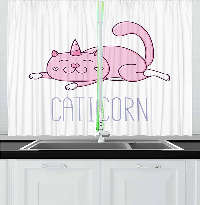 Ambesonne Unicorn Cat Kitchen Curtains, Pink Cat a Horn and Funny Expression Lying Caticorn Cartoon Mascot, Window Drapes 2 Panel Set for Kitchen Cafe Decor, 55" x 36", White Lilac