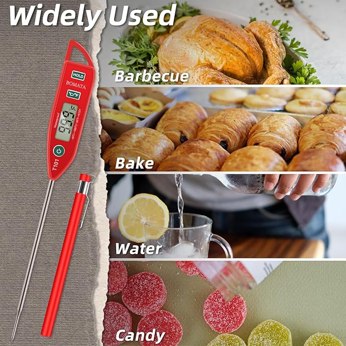 BOMATA Waterproof IPX7 Thermometer for Water, Liquid, Candle and Cooking. Instant Read Food Thermometer with Long Probe for Cooking, Meat, BBQ! T101 (Red Color)…