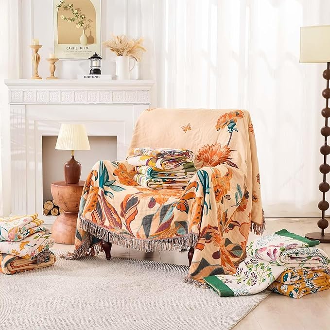 Boho Throw Blanket, 100% Cotton Ultra Soft Luxury Throw Rustic Quilt, Floral Printed Farmhouse Decor Bed Summer Blankets, All Season Rustic Reversible Bohemian Throw for Bed (80"x90" Yellow