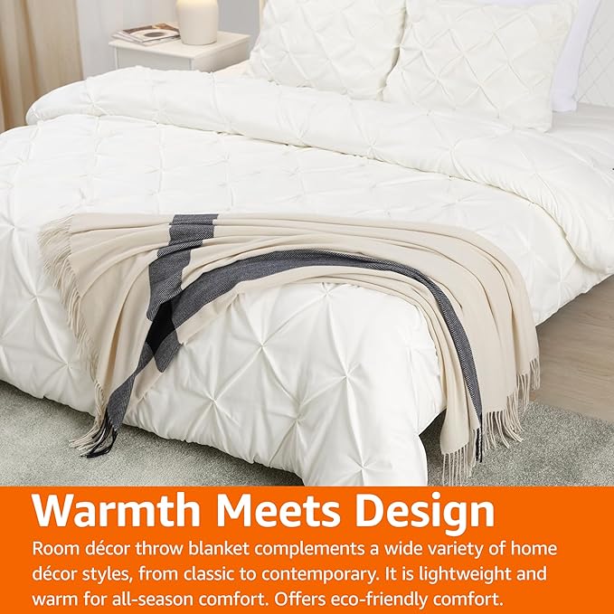 Amazon Basics Room Decor Throw Blanket, Lightweight and Cozy in Polyester, Ivory With Blue Cross-check Pattern, 50"x 60"