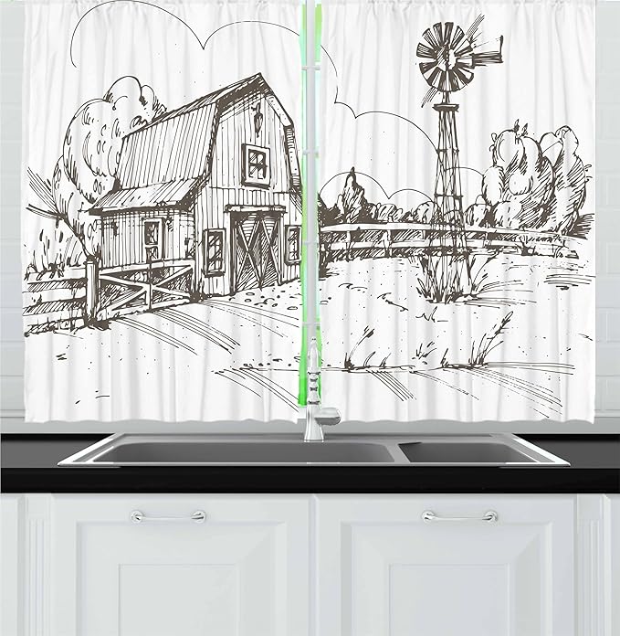 Ambesonne Windmill Kitchen Curtains, Rustic Barn Farmhouse Hand Drawn Illustration Countryside Rural Meadow, Window Drapes 2 Panel Set for Kitchen Cafe Decor, 55" x 30", Taupe