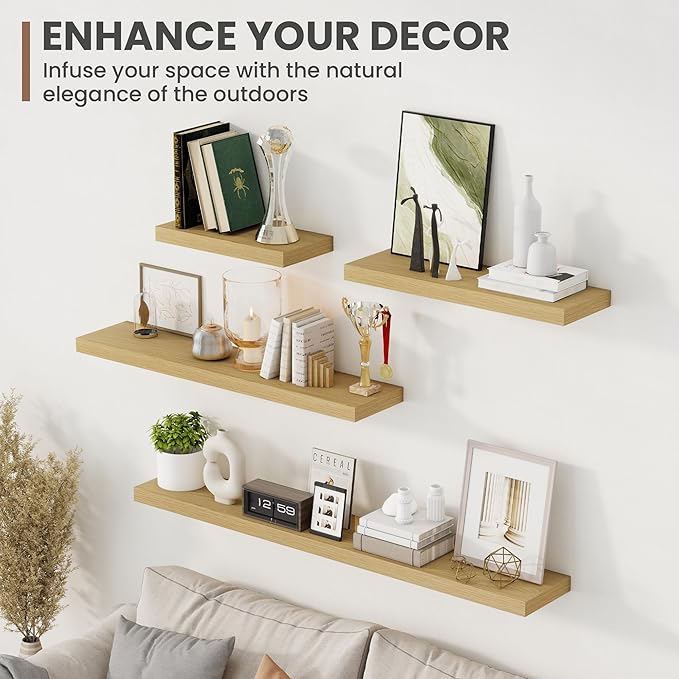 36 Inch Floating Shelves, 8 Inch Deep Floating Shelves for Wall, Hanging Shelf with Invisible Brackets, Deep Shelves for Bathroom, Bedroom, Living Room, Oak, Set of 2