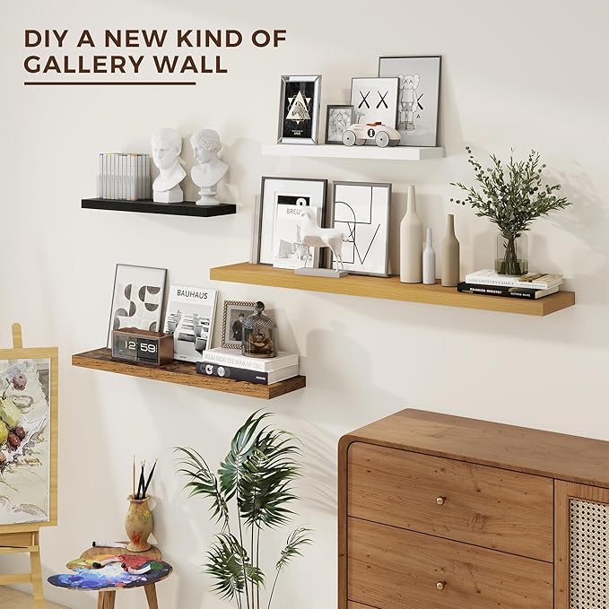 48 inch Floating Shelves for Wall Large Wall Mounted Shelves with Invisible Brackets, Oak Long Shelves for Bathroom, Living Room, Kitchen, Office, 48x9.1 inch deep Set of 2