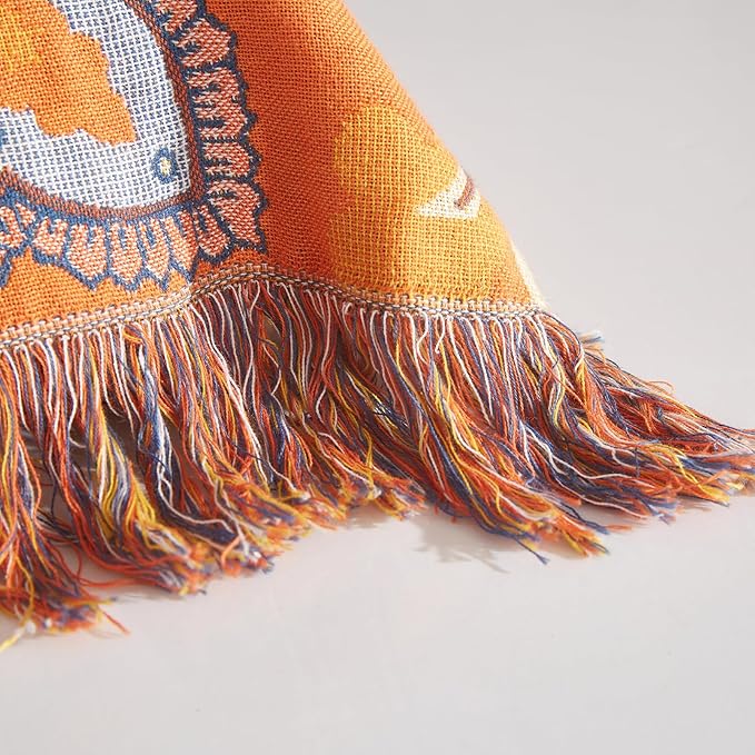 Boho Throw Blanket for Couch Sofa Bed, 100% Cotton Woven Quilt with Tassel 60”x80”, Super Soft Muslin Blanket with Oriental Universe Printed, Decorative Reversible Bed Blanket/Cover for All Seasons