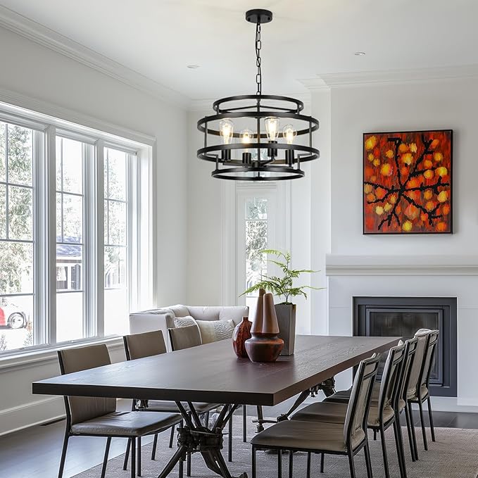 4-Light Black Chandelier for Dining Room, 19.7" Modern Farmhouse Pendant Light with Geometric Metal Frame, Industrial Flush Mount Ceiling Light for Living Room, Bedroom, Kitchen Island, Hallway, Foyer