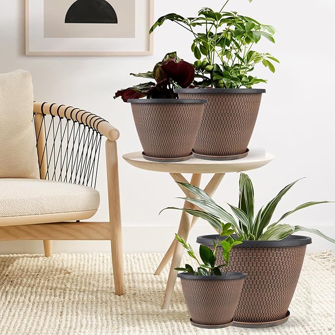 4 Pack 8 inch Plant Pot, Plastic Pots for Plants Indoor, Round Planters for Outdoor Plants with Drainage Holes & Trays, Decorative Flower Pots Garden Containers Sets for Houseplants (Black Copper)