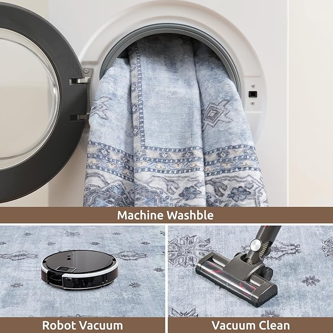 AMOAMI-Vintage Area Rug 6X9 Blue Rugs for Living Room-Soft Living Room Rug Non Slip Rugs for Bedroom Carpet Machine Washable Rug for Dining Room Bedside Office Room Decor