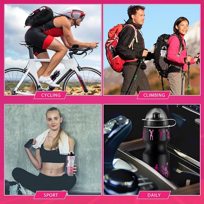 24 Pcs 24 oz Cheerleading Water Bottle Bulk and Drawstring Bag Set 12 Reusable Plastic Biking Water Bottle Tumbler 12 Sport Gym Goodie Gift Bag for Party Favor