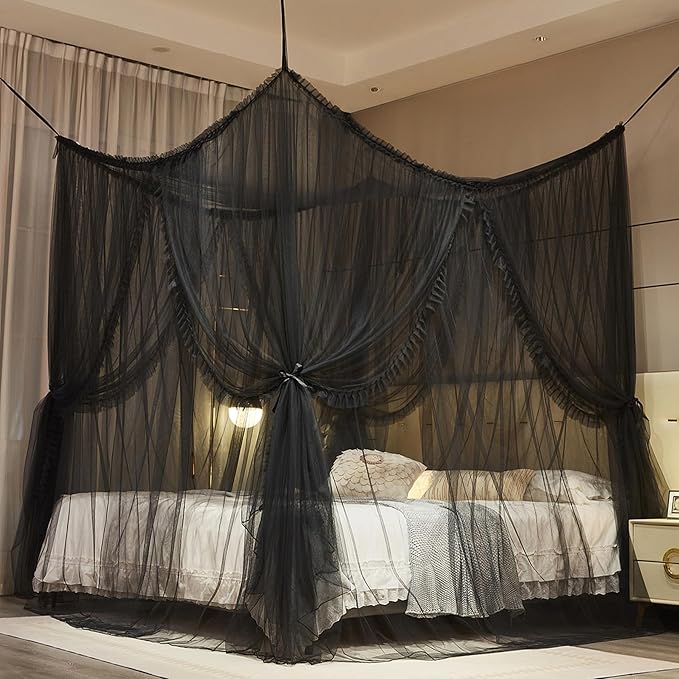 4 Corners Post Princess Curtain Bed Canopy Lace Up Double Layer 4 Opening Mosquito Net Mesh for Girls Bedroom Decoration(Black, 64" W*82" L*82" H/Queen)