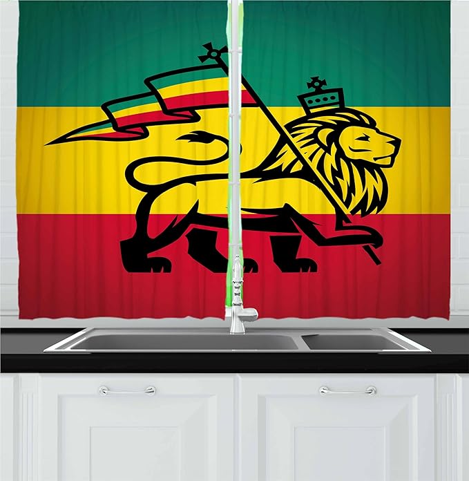 Ambesonne Rasta Kitchen Curtains, Judah Lion a Rastafari Flag Jungle Reggae Theme Art Vivid Colorful Print, Window Drapes 2 Panel Set for Kitchen Cafe Decor, 55" x 36", Yellow Red