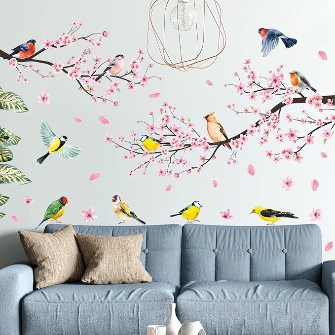 Amaonm 2 Sheets of 12"x36" Removable Pink Red Cherry Blossom Flowers Wall Stickers DIY Flying Birds and Tree Brances Wall Decals 3D Peel and Stick Floral art Decor for Kids Girls Bedroom Living Room Nursery Decoration (37"x51")