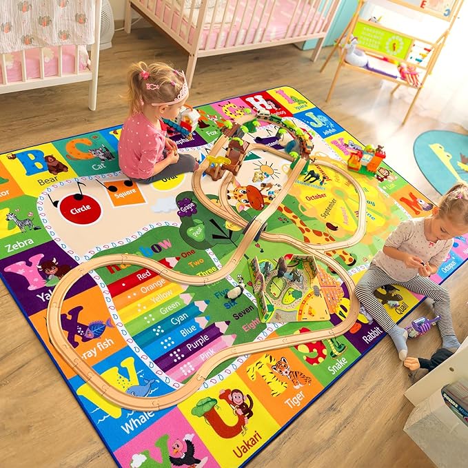 5x7 Playroom Rugs for Kids Washable, Educational and Fun Playmat with ABC Alphabet Animals Shapes Colors, Non-Slip Play Mat Learning Rugs for Baby Toddler Children Game Activity