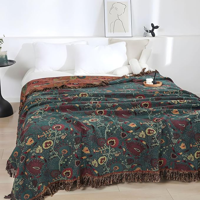 Boho Throw Blanket for Bed - 100% Pure Cotton Ultra Soft Rustic Quilt - Farmhouse Decor Bed Blankets, All Season Rustic Throw for Sofa Couch Chair(80''x 90'', Floral)