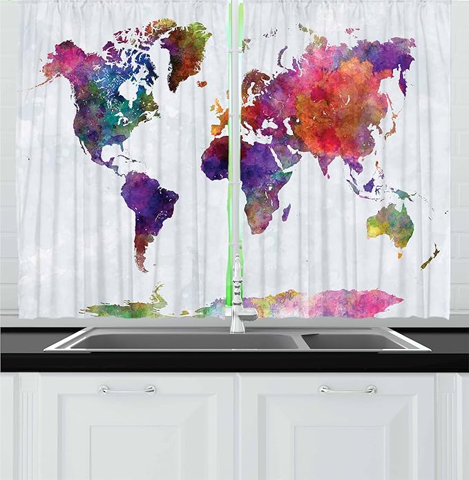 Ambesonne Watercolor Kitchen Curtains, Multicolored Hand Drawn World Map Asia Europe Africa America Geography Print, Window Drapes 2 Panel Set for Kitchen Cafe Decor, 55" x 30", Gray Purple