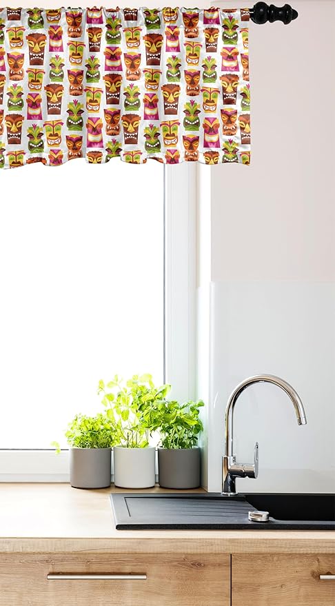 Ambesonne Tiki Bar Window Valance, Sixties Retro Inspired Hawaiian Party Happy Tiki Pattern Colorful, Curtain Valance for Kitchen Bedroom Decor with Rod Pocket, 42" x 12", Multicolor