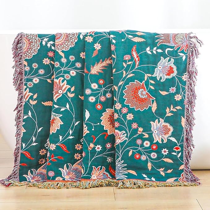 Boho Throw Blanket for Bed,100% Ultra Cotton Soft Breathable Bed Throw Floral Printed Farmhouse Decor Rustic Bed Throws for Couch Sofa Quilt White Flowers 60" x 80"