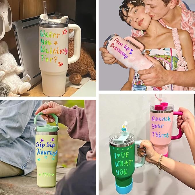 4 Pack Personalized Letters Tags Stickers for Stanley Cups, Self Adhesive Waterproof Vinyl Alphabet Number Sticker, Shiny Logo Decor for Tumbler Adults Kids Laptop Sign Desk Classroom