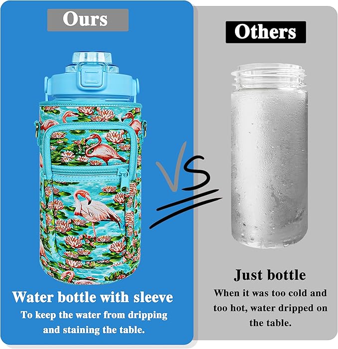 64 oz Water Bottle with Straw Sleeve & Strap Motivational Half Gallon Water Jug with Handle for Gym Women Men Aesthetic Water Bottle with Strap Flamingo