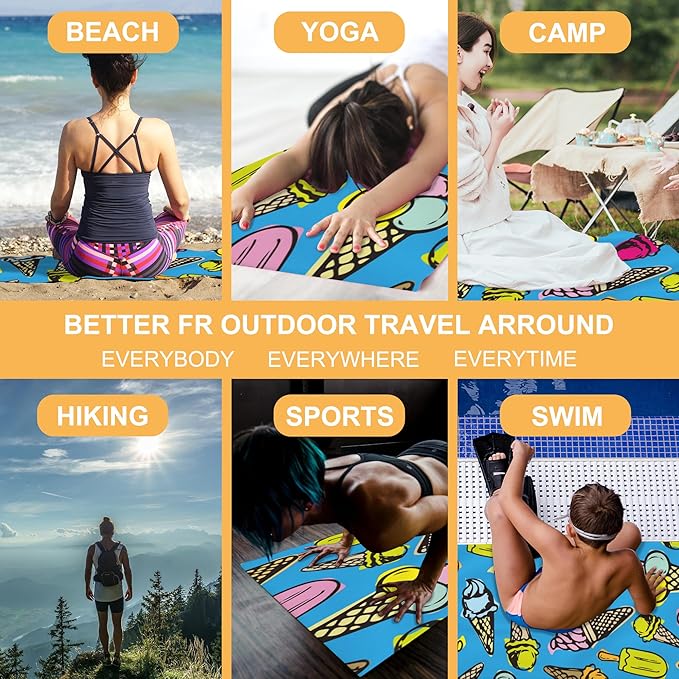 Beach Towel, Vintage Ice Cream Doodle Beach Towel Oversized Sand Proof Absorbent, Quick-Dry Bath Pool Swim Towel for Shower Spa Vacation, 29.5” X 59”