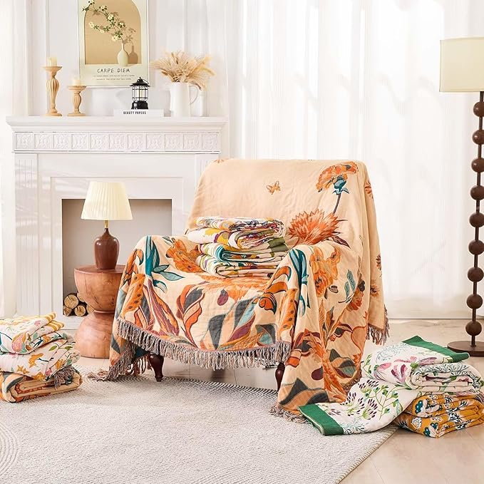 Boho Throw Blanket for Bed, 100% Cotton Soft Rustic Quilt Fall Blanket, 50"x60" Yellow Floral Printed Farmhouse Decor Bed Blankets, All Season Rustic Reversible Bohemian Throw Quilt