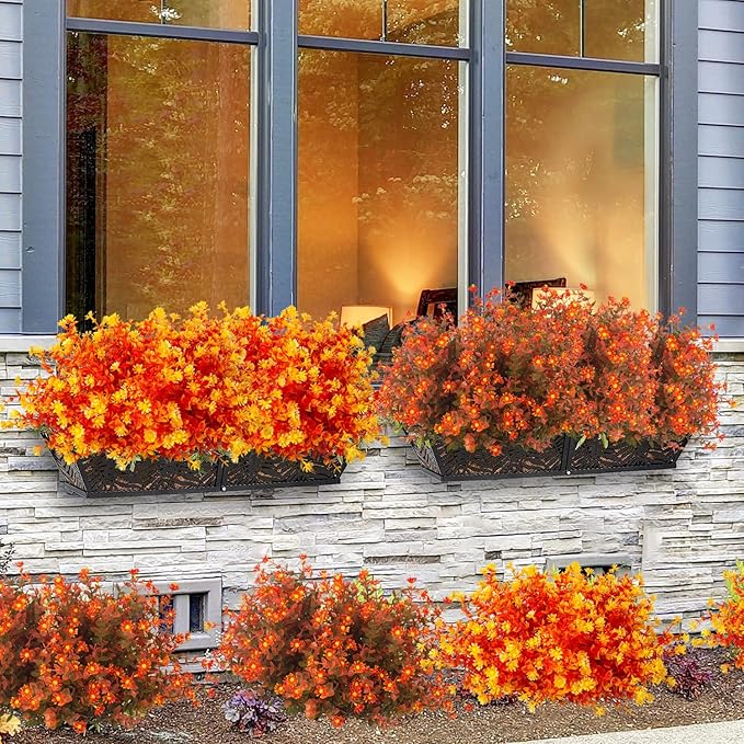 12 Bundles Artificial Fall Flowers No Fade Faux Autumn Plants, Fake Indoor Outdoor Greenery Decorations for Thanksgiving Christmas Wedding Party Home Garden Fireplace Décor (Fall Orange)