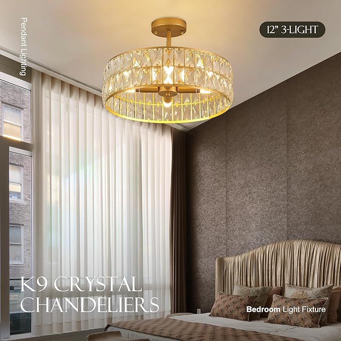 16” 4-Light Modern Crystal Chandeliers Gold Dinning Room Light Fixture, Round Pendant Light Kitchen Island Chandelier, Flush Mount Ceiling Light for Living Room Entryway Bedroom Foyer