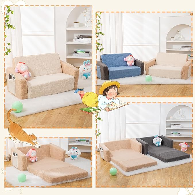Baby Toddler Sofa Couch for Kids Extra Wide 2-in-1 Toddler Sherpa Fold Out Couch Bed for Playroom, Pull Out Children Convertible Sofa to Lounger for Boys & Girls with Double Pockets, Khaki-Cream