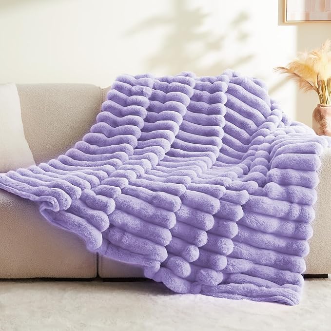 BEDELITE Faux Fur Throw Blanket for Couch, Soft and Cozy Luxurious 3D Striped Fluffy Blanket, 770GSM Thick Warm Plush Fuzzy Faux Rabbit Fur Blanket for Women Gift (Lavender, 50"x 60")