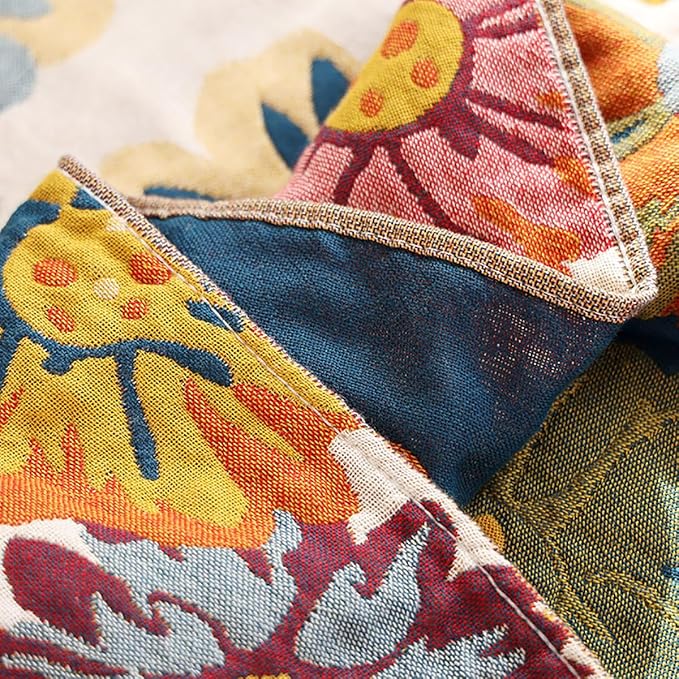 Boho Muslin Blanket for Adults 4-Layer Gauze 80 x 90 Inches Soft Cozy 100% Cotton Summer Cooling Blanket Floral Decor for Sofa Bed Coverlet Both Sides (Daisy Floral, 80 x 90 in)