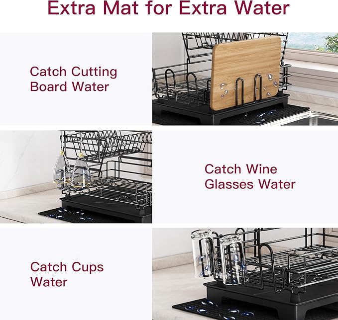 BOOSINY 2 Tier Black Large Stainless Steel Dish Drainers Drying Rack for Kitchen Counter with Drainboard, Rust Proof Metal, Space Saving, Modern Aesthetic, Compact Plates Strainers with Extra Mat