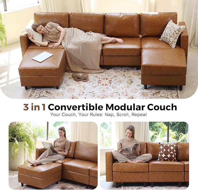 118.5" Faux Leather Modular Sectional Sofa, U Shaped Couch Set for Living Room, Large 8-Seater Comfy Cloud Couches with Storage Seat DIY Combination - Brown