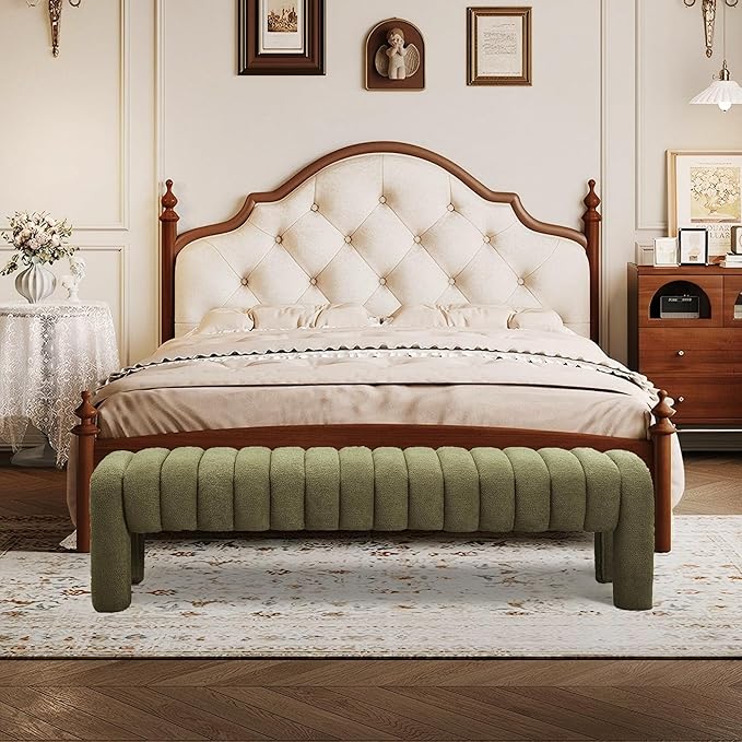 63" Bedroom Bench, Upholstered Entryway Bench, Modern End of Bed Ottoman with Solid Wood Legs and Adjustable Foot Pegs for Entryway, Dining Room and Living Room, 440lbs (Green Boucle)