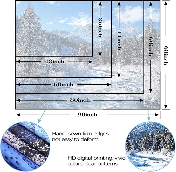 AMM Winter Forest Snow Mountain Tapestry Snowy Pine Tree Woodland Tapestry for Bedroom Aesthetic White Clouds Flowing River Landscape Tapestries Wall Hanging for Living Room Dorm Office 60 x 44 Inch