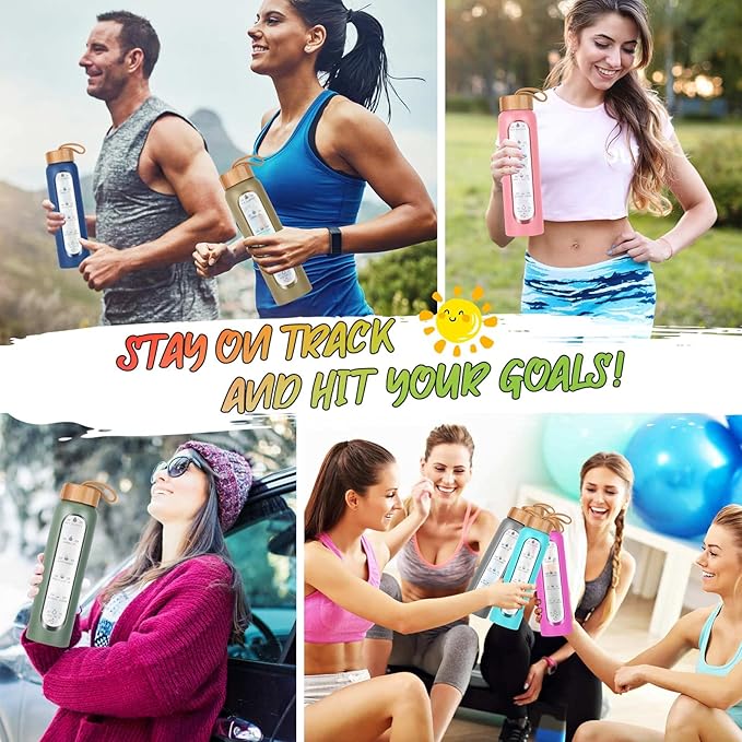 Aqulea Glass Water Bottles 25 Oz with Silicone Sleeve - BPA Free Reusable Wide Mouth Glass Motivational Water Bottles with Fruit Infuser – Leak Proof Borosilicate Water Bottle with Time Marker (Pink)