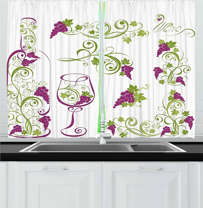 Ambesonne Wine Kitchen Curtains, Wine Bottle and Glass Grapevines Lettering with Swirled Branches Lines, Window Drapes 2 Panel Set for Kitchen Cafe Decor, 55" x 24", Lime Green