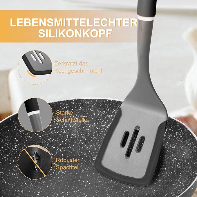 6-Piece Silicone Kitchen Utensil Set with Rotating Stand, Non-Stick, Heat-Resistant (400°F), Nylon Handle, Cooking Spatula Set for Baking & Cooking, Light Gray