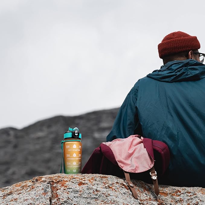 32oz Large Water Bottle with Motivational Time Marker - Sport Style with Deluxe Sip-Gulp Lid, Durable Tritan Plastic, Food Grade, Dishwasher Safe, Carry Strap (Light-Orange-Green)