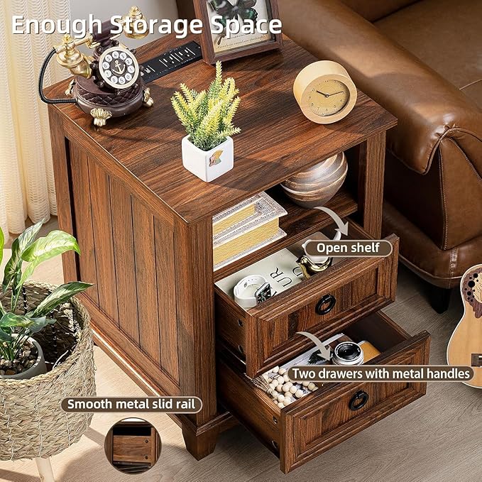 18" Farmhouse Night Stands Set of 2 with Charging Station, 2 & 3 Drawers End Table Dresser for Bedroom, Brown Wooden Nightstand, Bed Side Table with Open Shelf, Bedside Cabinet for Living Room